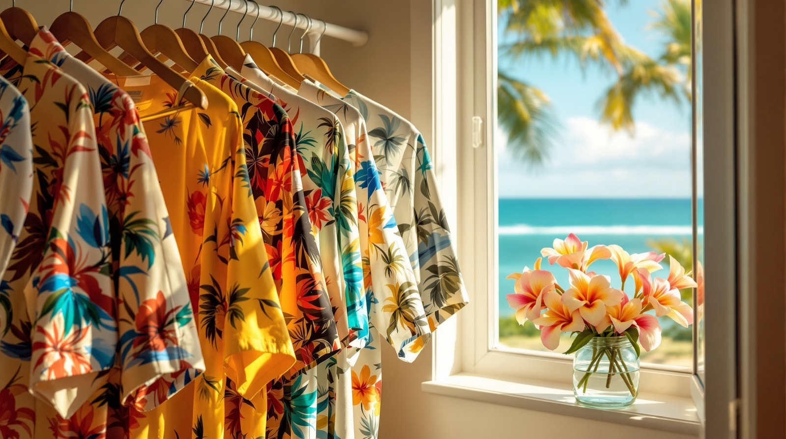 A rack of vintage aloha shirts beside an open window in afternoon light