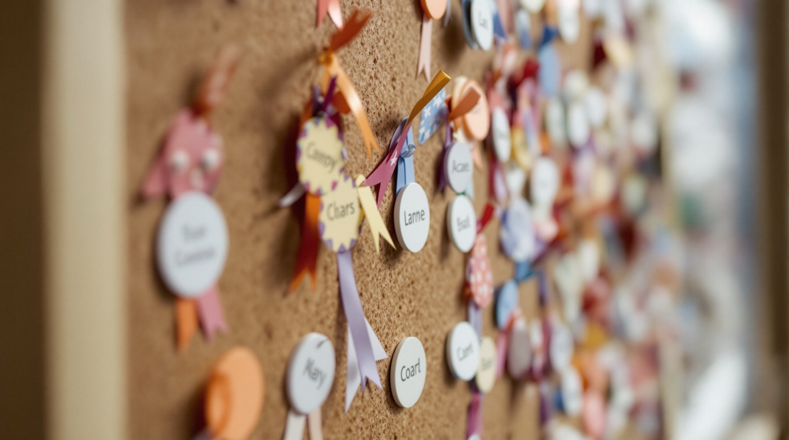 A noticeboard covered with small handmade badges and ribbons