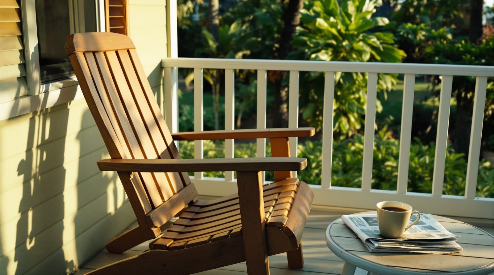 An empty porch chair on a lanai in late afternoon light
