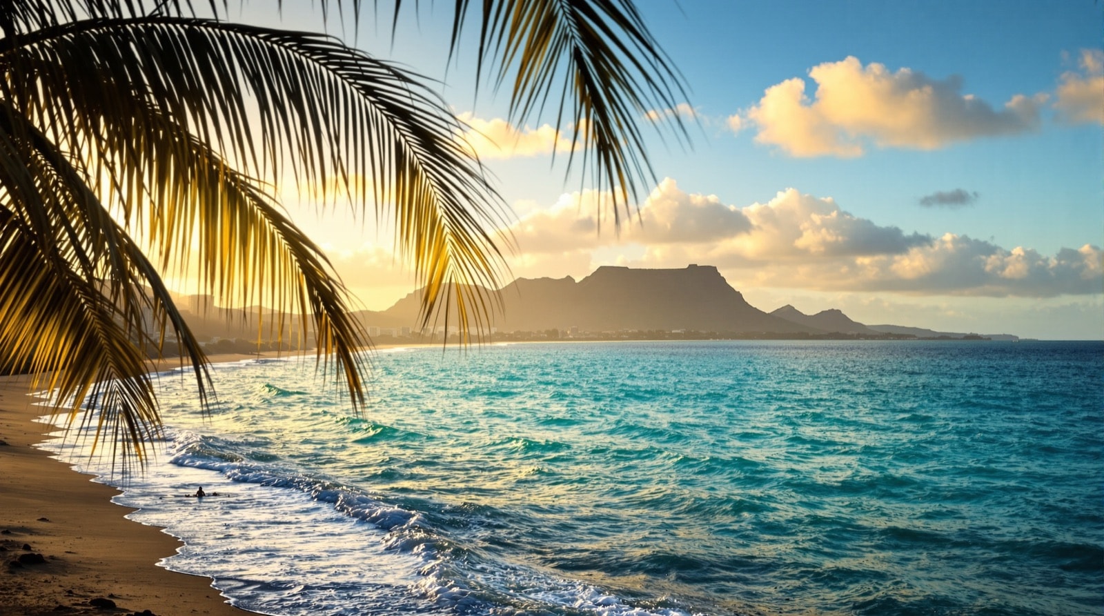Golden-hour view along the O'ahu shoreline toward Diamond Head