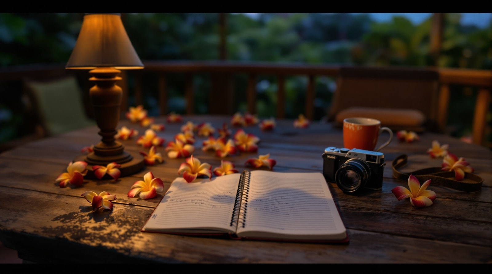 A lanai table with a notebook, a coffee mug and a camera at dusk