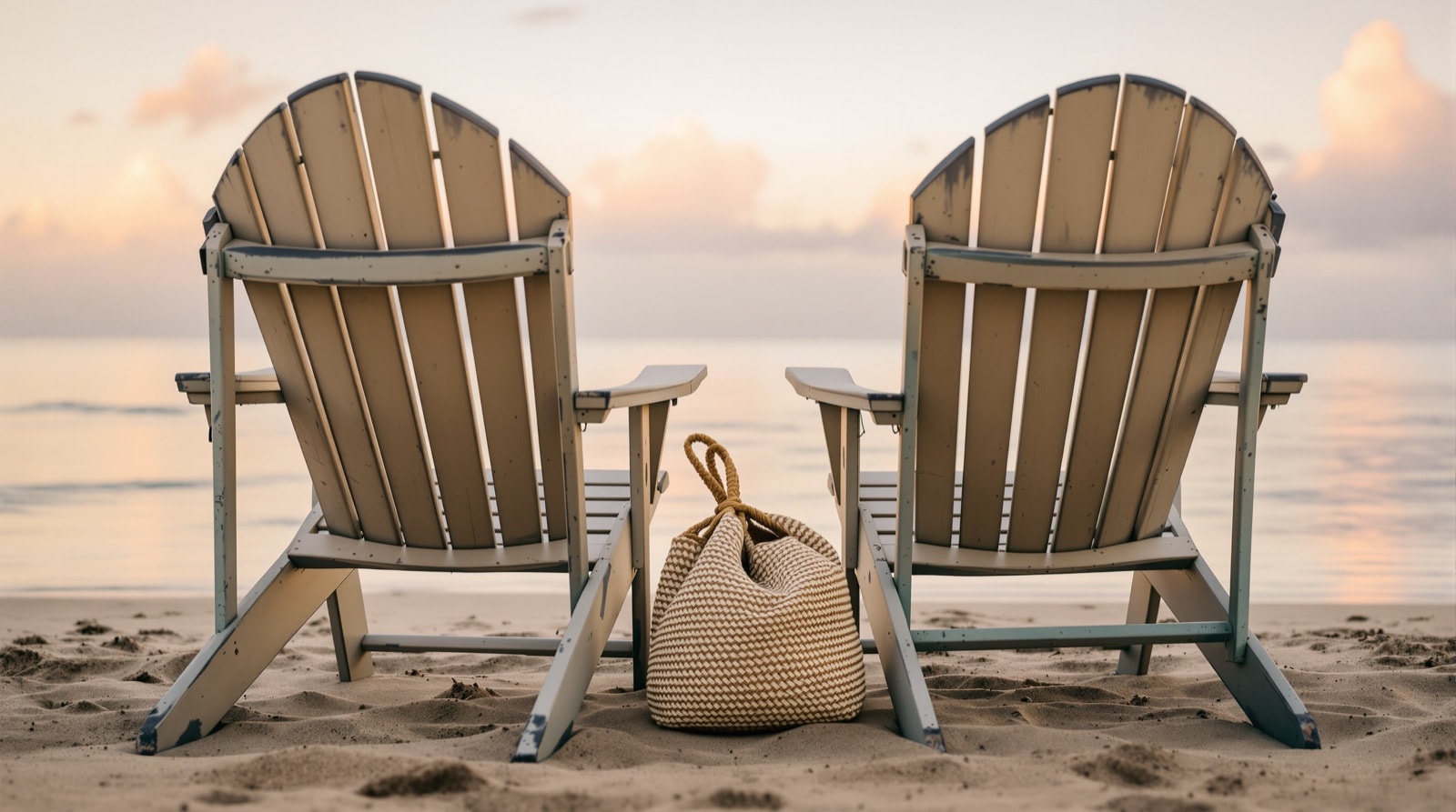 Two empty beach chairs facing a calm bay at sunrise