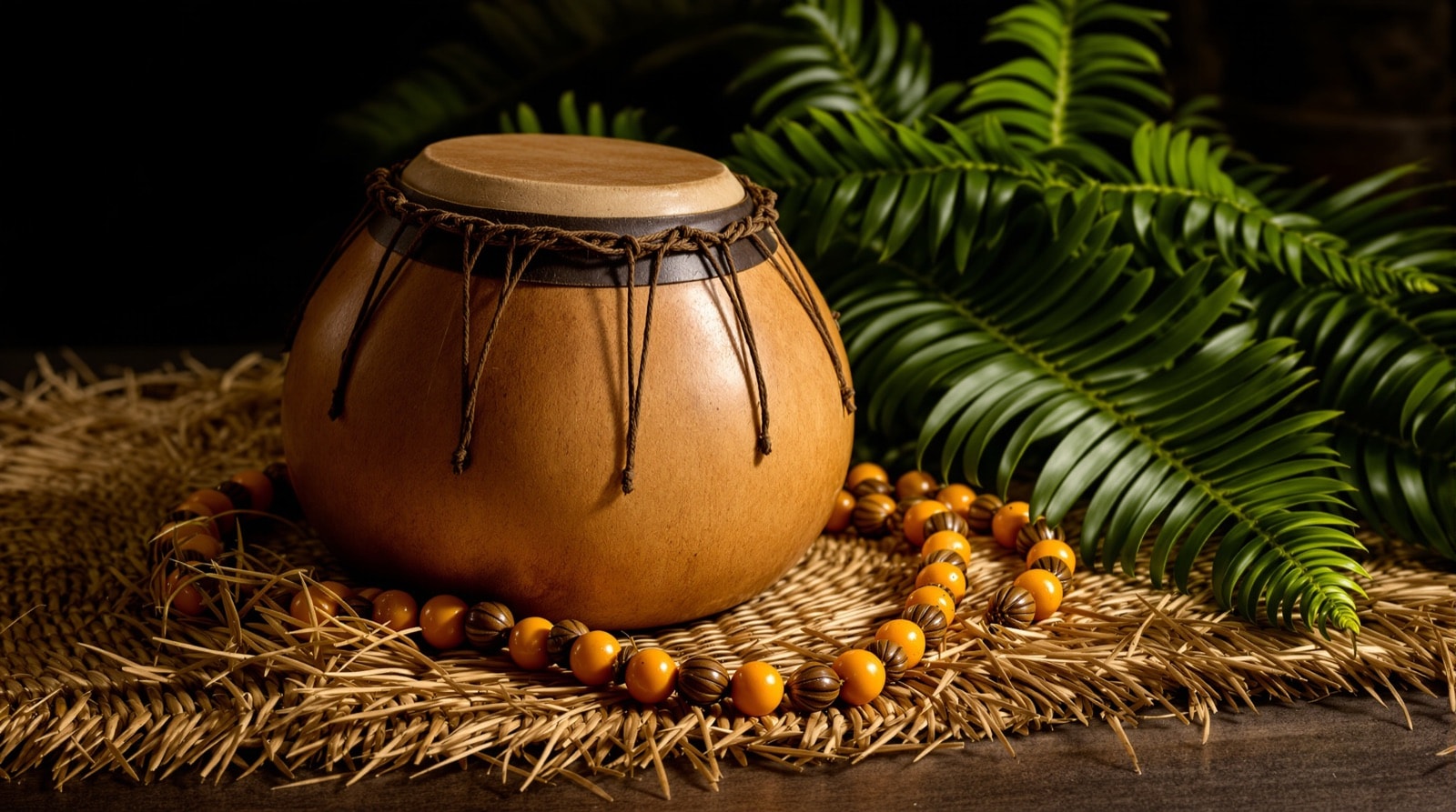 A gourd drum and a seed lei resting on woven matting beside green ferns