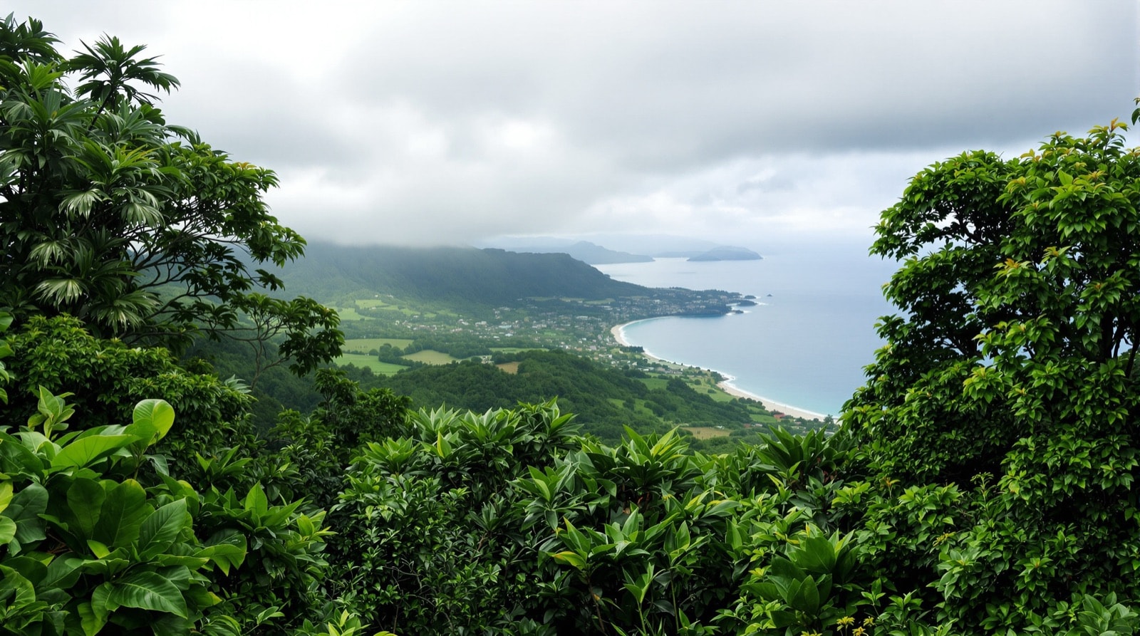 Rain-soaked tropical greenery and a calm bay at dawn in Hilo