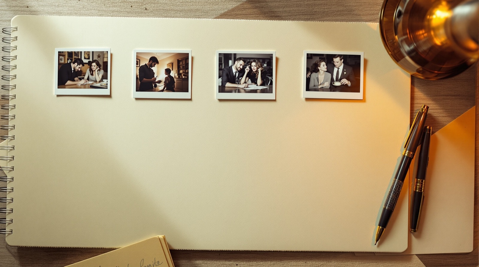 Five printed photo prompts laid out beside an open notebook and a pen