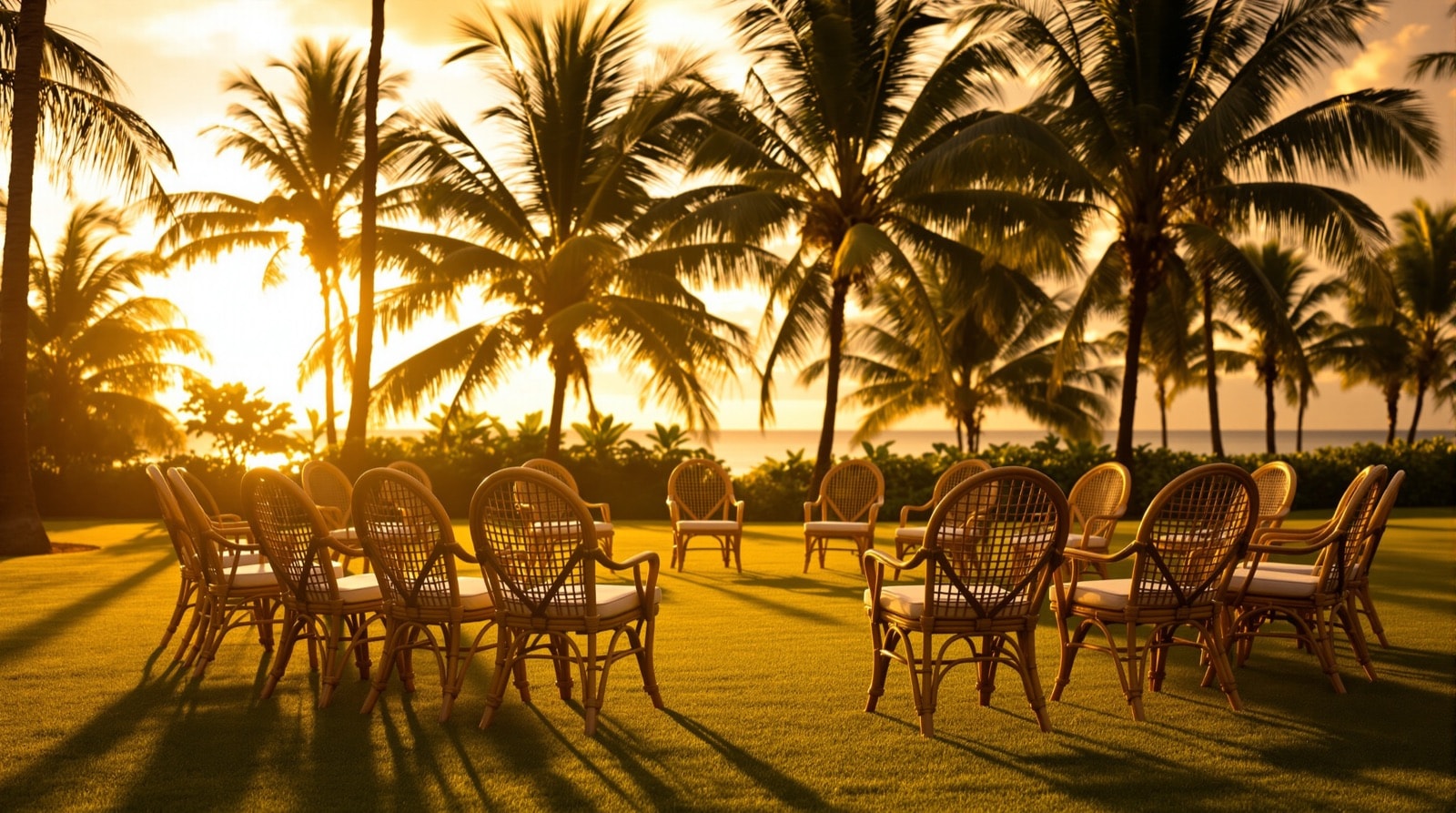 A circle of empty chairs on a lawn at golden hour
