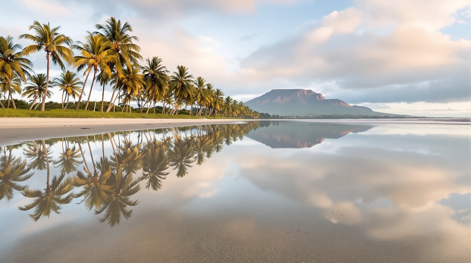 Palms and a volcanic ridge mirrored in shallow water on wet sand