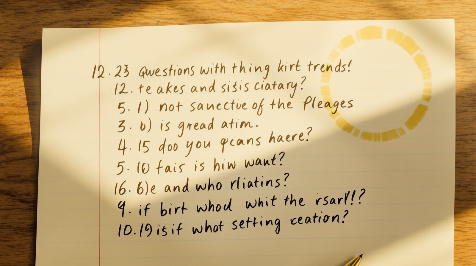 A handwritten numbered list of questions on lined paper beside a pen
